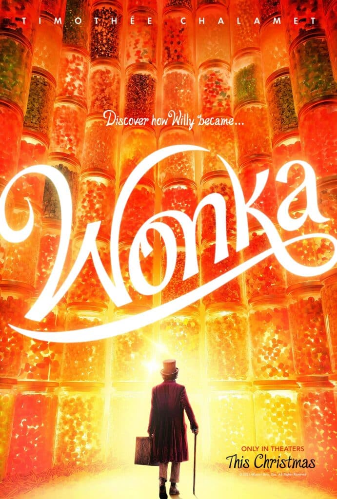 Wonka (2023) Movie Poster fancy man with fancy outfit in front of shelves of candy